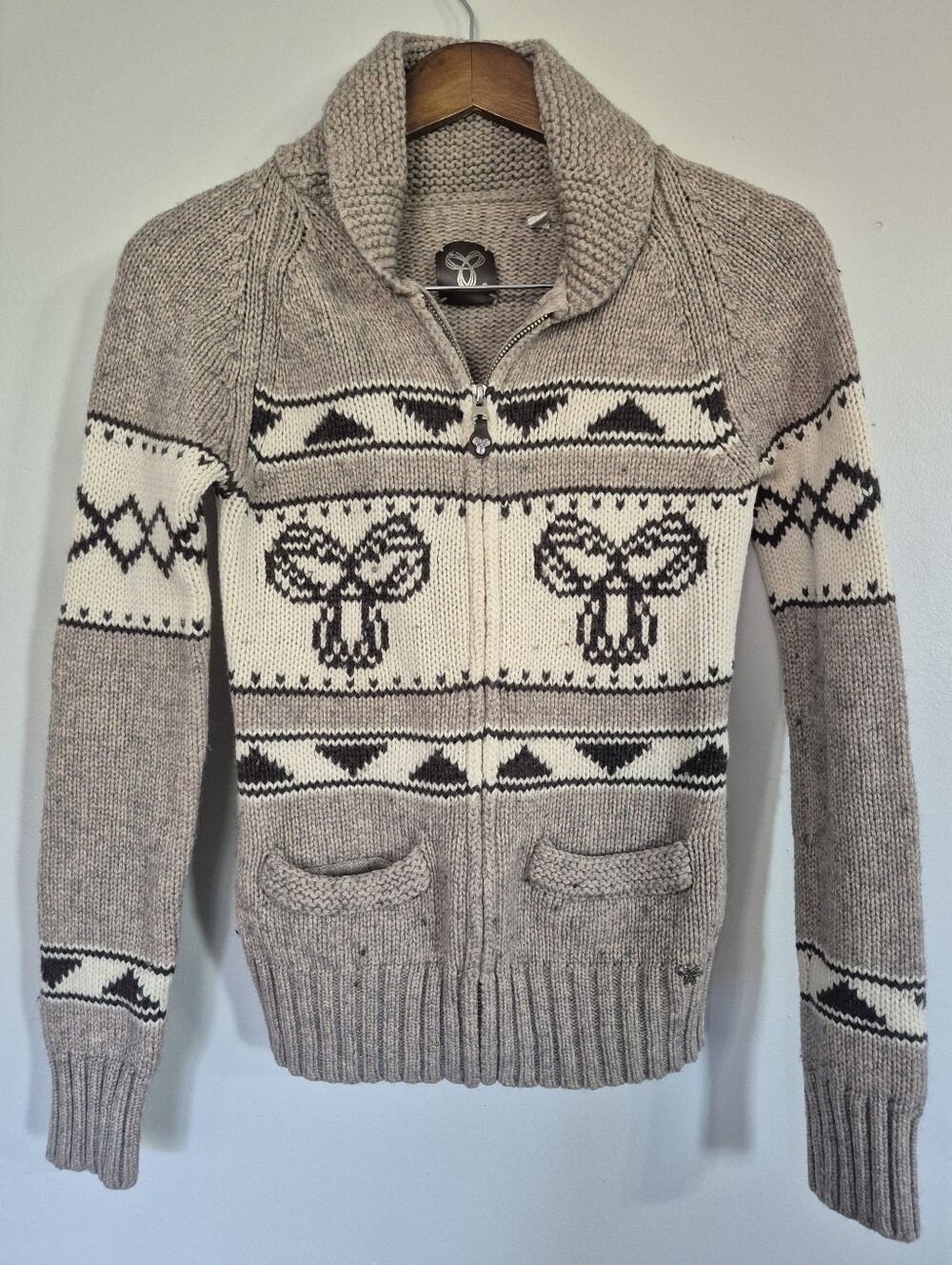 TNA Aritzia Lambswool Zip Up Nordic Sweater Pockets Small